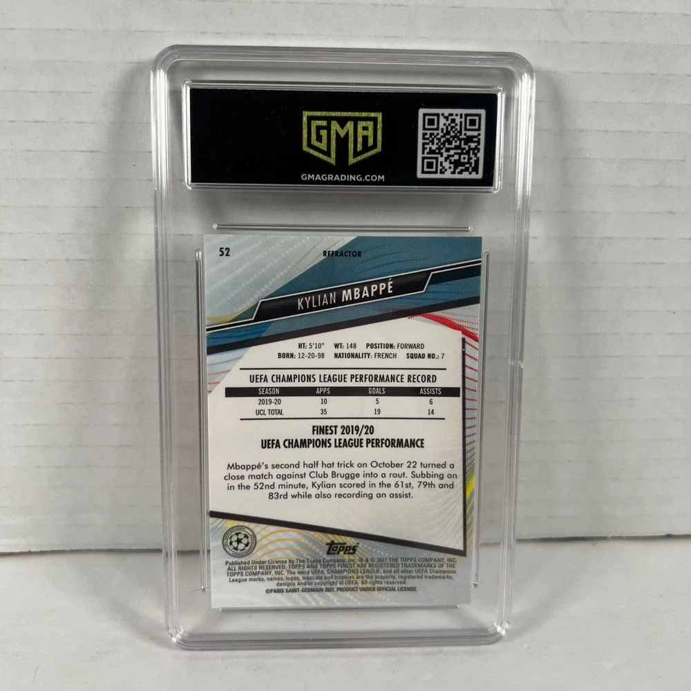 2020 Topps Finest Kylian Mbappe #52 Refractor GMA 9 Mint PSG Soccer Card